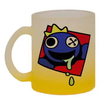 Blue, Rainbow friends, Κούπα γυάλινη δίχρωμη με βάση το κίτρινο ματ, 330ml