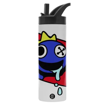 Blue, Rainbow friends, Μεταλλικό παγούρι θερμός με καλαμάκι & χειρολαβή, ανοξείδωτο ατσάλι (Stainless steel 304), διπλού τοιχώματος, 600ml