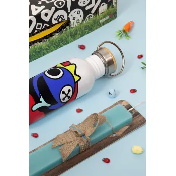 Blue, Rainbow friends, Easter Set, metallic silver aluminum water bottle (500ml) & scented flat Easter candle (30cm) (TURQUOISE)