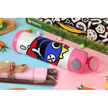 Blue, Rainbow friends, Easter candle, Childrens hot water bottle, stainless steel, with safety straw, PINK (500ml)