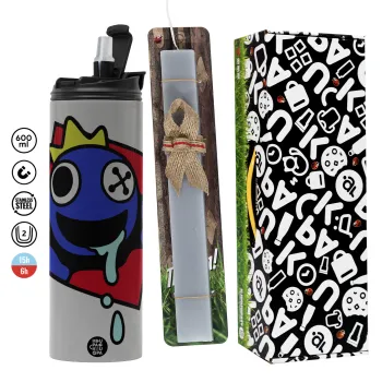 Blue, Rainbow friends, Easter candle with Grey Tumbler Thermo 600ml & aromatic flat candle (30cm) (GREY)