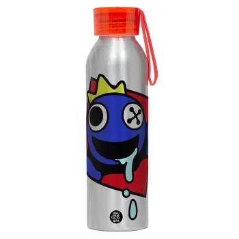 Blue, Rainbow friends, Αλουμινένιο Αθλητικό Μπουκάλι 650ml – Ασημί με Κόκκινο Καπάκι και Λουράκι Σιλικόνης