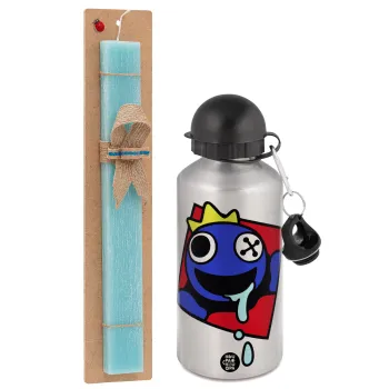 Blue, Rainbow friends, Easter Set, metallic silver aluminum water bottle (500ml) & scented flat Easter candle (30cm) (TURQUOISE)
