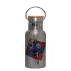 Stainless steel metallic thermos flask, silver with a bamboo lid, double-walled, 350ml.
