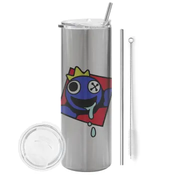 Blue, Rainbow friends, Tumbler ποτήρι θερμό Ασημένιο από ανοξείδωτο ατσάλι 600ml, με μεταλλικό καλαμάκι & βούρτσα καθαρισμού