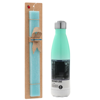 Tom Odell, another love, Easter Set, Metallic green/white thermos (Stainless steel), double-walled, 500ml & scented flat Easter candle (30cm) (TURQUOISE)