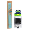 Easter Set, Children's thermal stainless steel bottle with safety straw, green/blue (350ml) & aromatic flat Easter candle (30cm) (TURQUOISE)