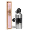Easter Set, metallic Silver aluminum water bottle (500ml) & scented flat Easter candle (30cm) (PINK)