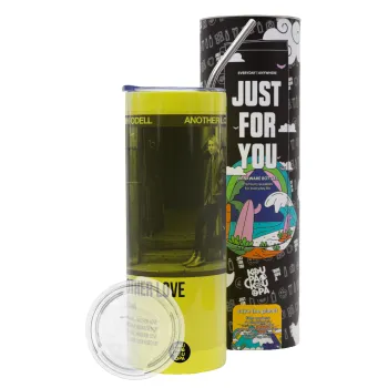 Tom Odell, another love, Neon Yellow Travel Tumbler θερμό, μεταλλικό καλαμάκι(Ανωξείδωτο 304 Food grade, BPA free, 600ml)