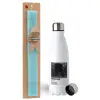 Easter Set, metallic stainless steel water bottle (750ml) & aromatic flat Easter candle (30cm) (TURQUOISE)