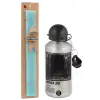 Easter Set, metallic silver aluminum water bottle (500ml) & scented flat Easter candle (30cm) (TURQUOISE)