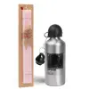 Easter Set, metallic Silver aluminum water bottle (500ml) & scented flat Easter candle (30cm) (PINK)