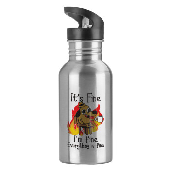 It's Fine I'm Fine Everything Is Fine, Water bottle Silver with straw, stainless steel 600ml