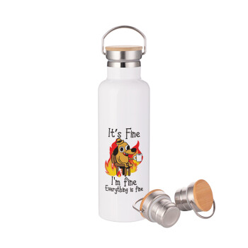 It's Fine I'm Fine Everything Is Fine, Stainless steel White with wooden lid (bamboo), double wall, 750ml