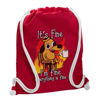 It's Fine I'm Fine Everything Is Fine, Τσάντα πλάτης πουγκί GYMBAG Κόκκινη, με τσέπη (40x48cm) & χονδρά κορδόνια