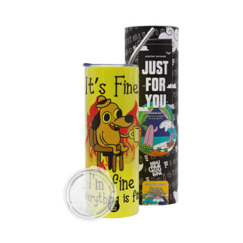 It's Fine I'm Fine Everything Is Fine, Neon Yellow Travel Tumbler θερμό, μεταλλικό καλαμάκι(Ανωξείδωτο 304 Food grade, BPA free, 600ml)