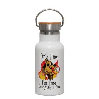 It's Fine I'm Fine Everything Is Fine, Μεταλλικό παγούρι θερμός (Stainless steel) Λευκό με ξύλινο καπακι (bamboo), διπλού τοιχώματος, 350ml