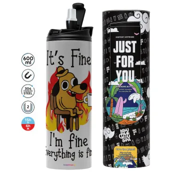 It's Fine I'm Fine Everything Is Fine, Tumbler ποτήρι θερμό ΓΚΡΙ από ανοξείδωτο ατσάλι 600ml