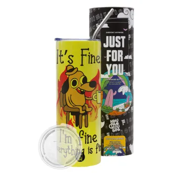 It's Fine I'm Fine Everything Is Fine, Neon Yellow Travel Tumbler θερμό, μεταλλικό καλαμάκι(Ανωξείδωτο 304 Food grade, BPA free, 600ml)