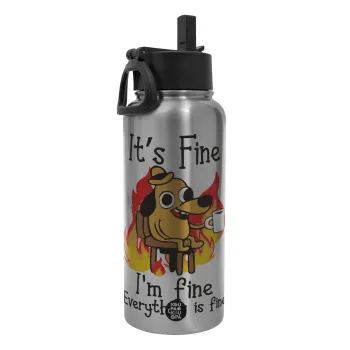 It's Fine I'm Fine Everything Is Fine, Μεταλλικό παγούρι θερμός Silver με καλαμάκι και χερούλι (Stainless steel), διπλού τοιχώματος, 950ml
