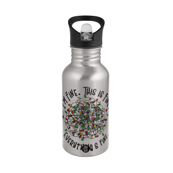 It's Fine I'm Fine Everything Is Fine, Water bottle Silver with straw, stainless steel 500ml
