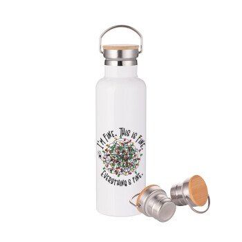 It's Fine I'm Fine Everything Is Fine, Stainless steel White with wooden lid (bamboo), double wall, 750ml