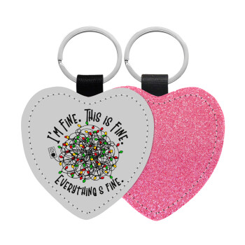 It's Fine I'm Fine Everything Is Fine, Μπρελόκ PU δερμάτινο glitter καρδιά ΡΟΖ