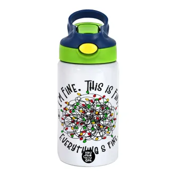 It's Fine I'm Fine Everything Is Fine, Children's hot water bottle, stainless steel, with safety straw, green, blue (350ml)