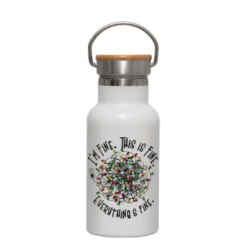 It's Fine I'm Fine Everything Is Fine, Μεταλλικό παγούρι θερμός (Stainless steel) Λευκό με ξύλινο καπακι (bamboo), διπλού τοιχώματος, 350ml