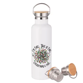 It's Fine I'm Fine Everything Is Fine, Stainless steel White with wooden lid (bamboo), double wall, 750ml