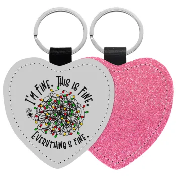 It's Fine I'm Fine Everything Is Fine, Μπρελόκ PU δερμάτινο glitter καρδιά ΡΟΖ