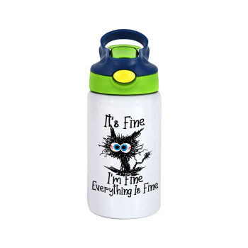 Cat, It's Fine I'm Fine Everything Is Fine, Children's hot water bottle, stainless steel, with safety straw, green, blue (350ml)