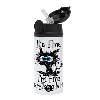 Cat, It's Fine I'm Fine Everything Is Fine, Children's hot water bottle, stainless steel, with safety straw, Black (360ml) BPA-FREE