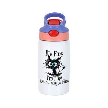 Cat, It's Fine I'm Fine Everything Is Fine, Children's hot water bottle, stainless steel, with safety straw, pink/purple (350ml)