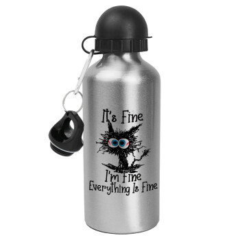 Cat, It's Fine I'm Fine Everything Is Fine, Metallic water jug, Silver, aluminum 500ml