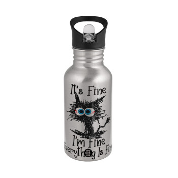 Cat, It's Fine I'm Fine Everything Is Fine, Water bottle Silver with straw, stainless steel 500ml