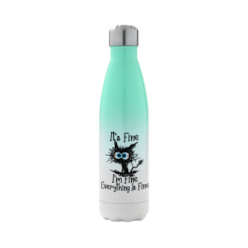 Cat, It's Fine I'm Fine Everything Is Fine, Metal mug thermos Green/White (Stainless steel), double wall, 500ml