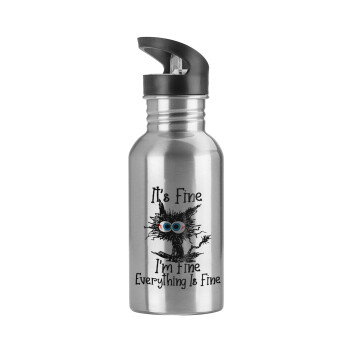 Cat, It's Fine I'm Fine Everything Is Fine, Water bottle Silver with straw, stainless steel 600ml