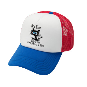 Cat, It's Fine I'm Fine Everything Is Fine, Καπέλο Soft Trucker με Δίχτυ Red/Blue/White 