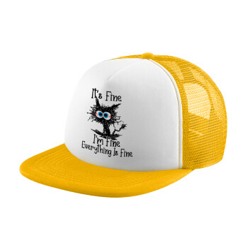 Cat, It's Fine I'm Fine Everything Is Fine, Καπέλο Soft Trucker με Δίχτυ Κίτρινο/White 