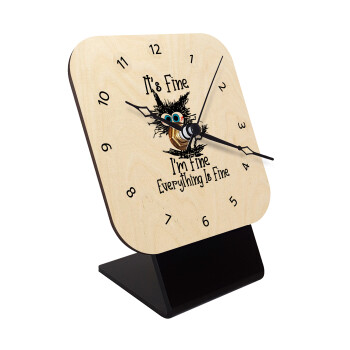Cat, It's Fine I'm Fine Everything Is Fine, Quartz Table clock in natural wood (10cm)