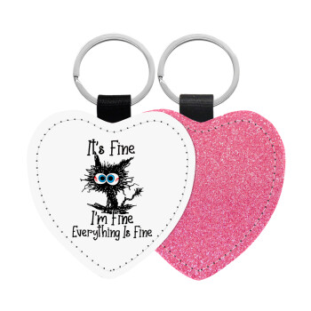 Cat, It's Fine I'm Fine Everything Is Fine, Μπρελόκ PU δερμάτινο glitter καρδιά ΡΟΖ