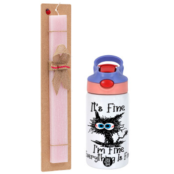 Cat, It's Fine I'm Fine Everything Is Fine, Easter Set, Children's thermal stainless steel water bottle with safety straw, pink/purple (350ml) & Easter scented flat candle (30cm) (PINK)