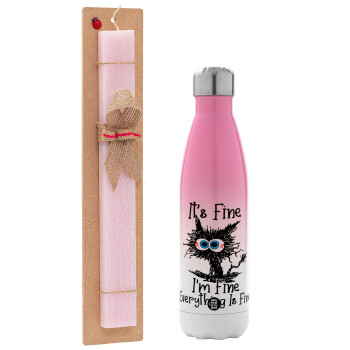 Cat, It's Fine I'm Fine Everything Is Fine, Easter Set, Metallic pink/white (Stainless steel) thermos, double-walled, 500ml & aromatic flat Easter candle (30cm) (PINK)
