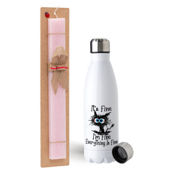 Cat, It's Fine I'm Fine Everything Is Fine, Easter Set, metallic stainless steel water bottle (750ml) & scented flat Easter candle (30cm) (PINK)