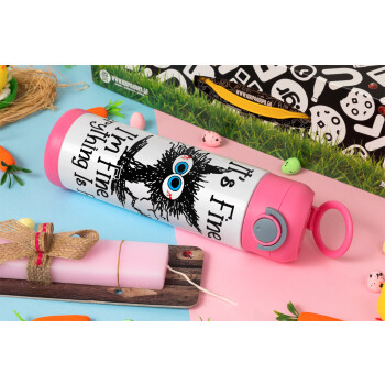 Cat, It's Fine I'm Fine Everything Is Fine, Πασχαλινή Λαμπάδα με Παιδικό παγούρι θερμό, ανοξείδωτο, με καλαμάκι ασφαλείας, ΡΟΖ (500ml)