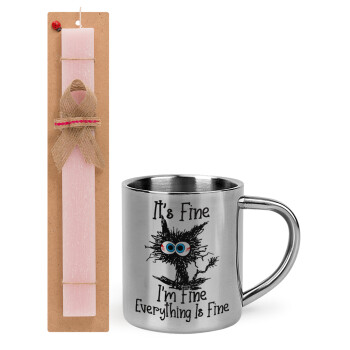 Cat, It's Fine I'm Fine Everything Is Fine, Easter Set, metallic thermal cup (300ml) & aromatic flat Easter candle (30cm) (PINK)