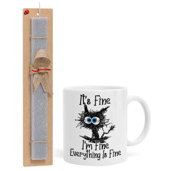 Cat, It's Fine I'm Fine Everything Is Fine, Πασχαλινή Λαμπάδα με Κούπα κεραμική (330ml) & κερί αρωματικό πλακέ (30cm) (ΓΚΡΙ)