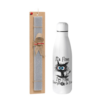 Cat, It's Fine I'm Fine Everything Is Fine, Πασχαλινή Λαμπάδα με μεταλλικό παγούρι θερμός ανοξείδωτο (500ml) & κερί αρωματικό πλακέ (30cm) (ΓΚΡΙ)