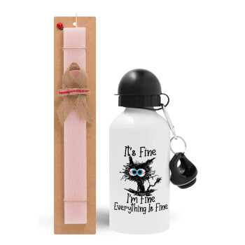 Cat, It's Fine I'm Fine Everything Is Fine, Easter Set, metallic aluminum bottle (500ml) & aromatic flat Easter candle (30cm) (PINK)